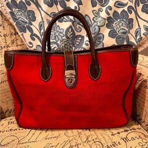 Dooney & Bourke EUC Red Canvas & Leather Double Handle Tote Bag